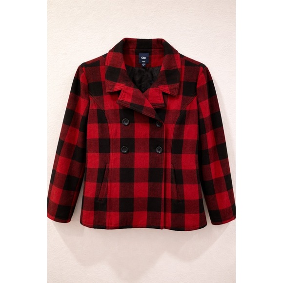 Gap Women's Buffalo Plaid Wool Coat Red Black Double Breasted Jacket XL - Picture 2 of 9